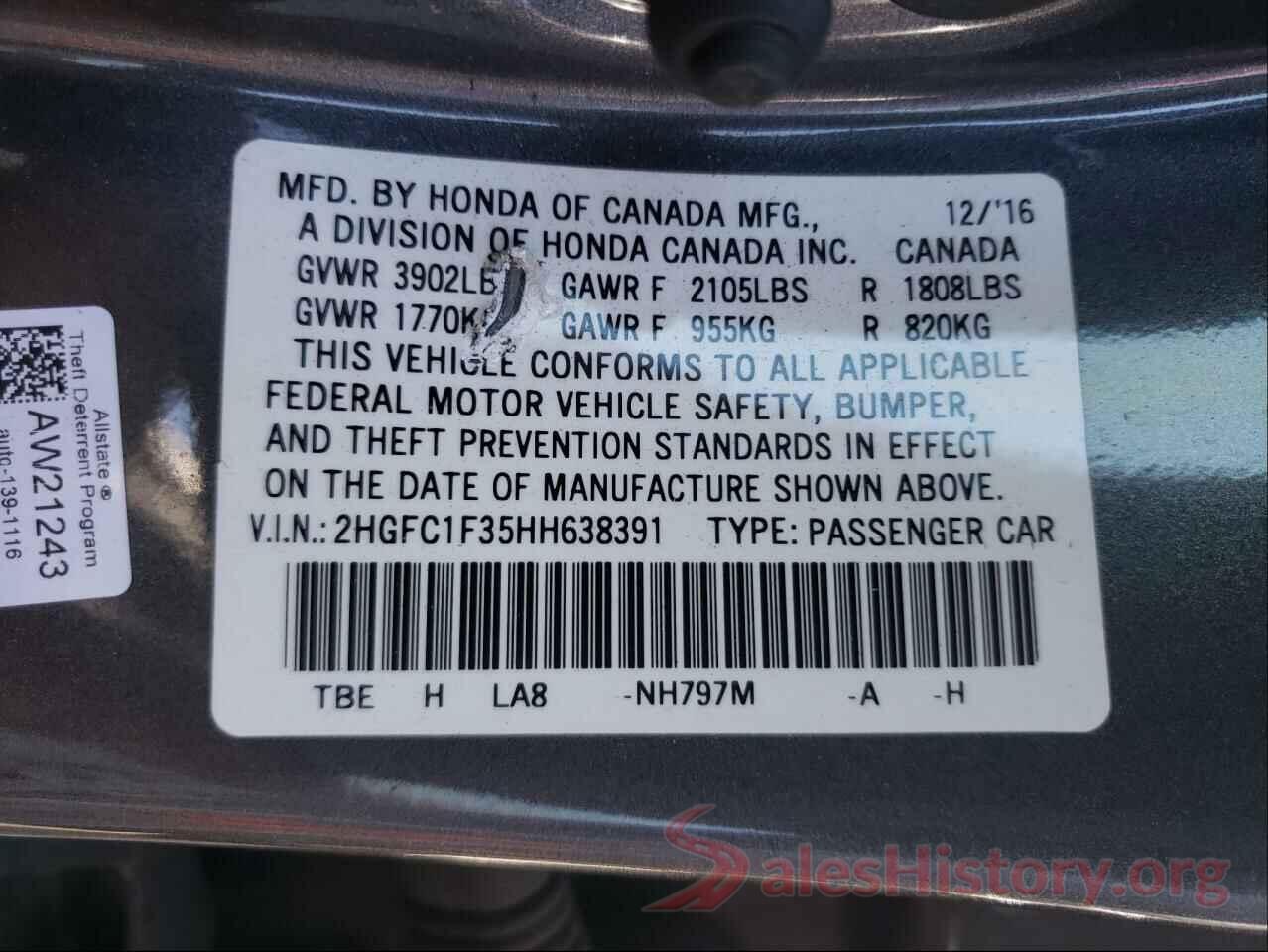 2HGFC1F35HH638391 2017 HONDA CIVIC