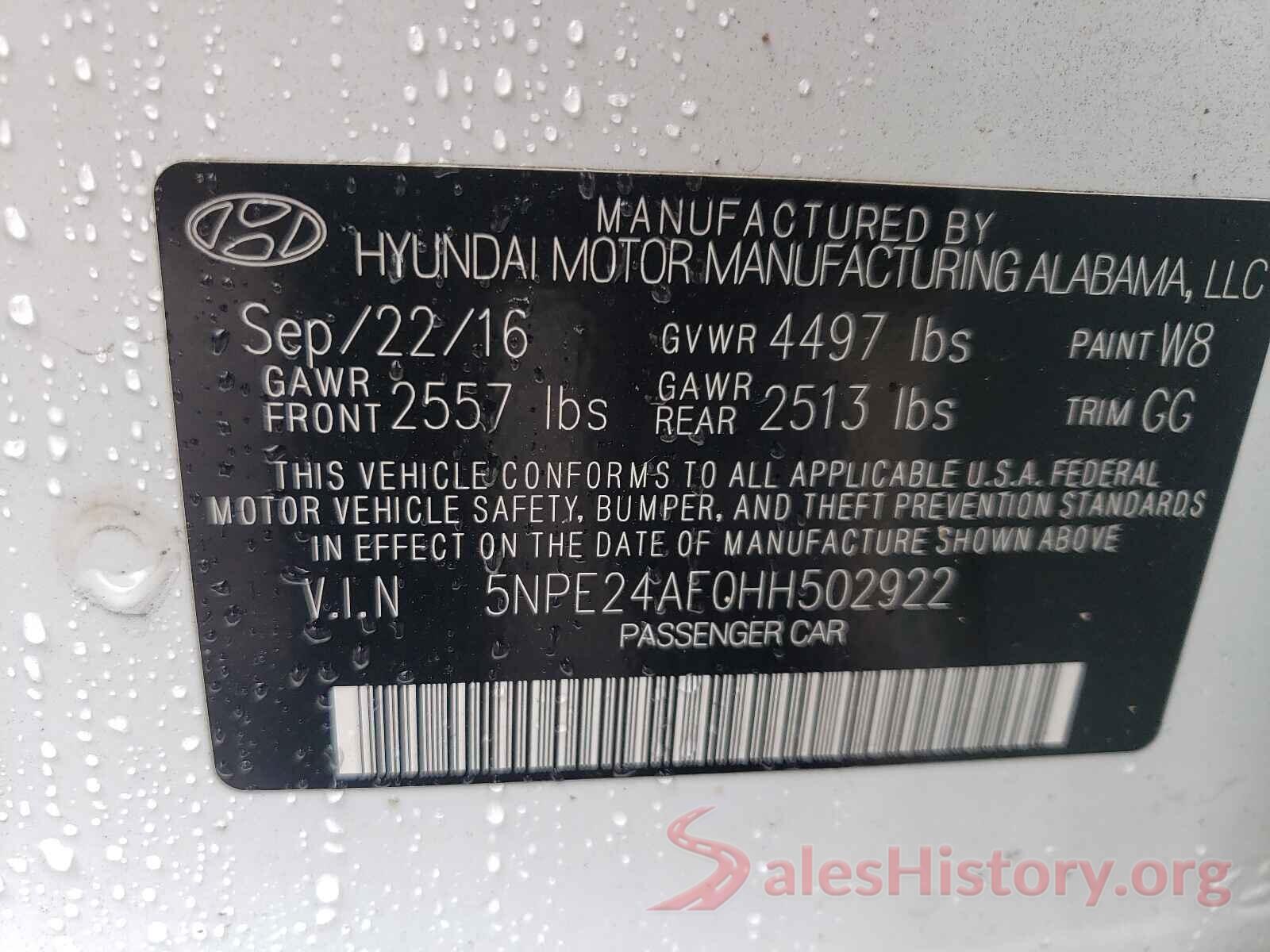 5NPE24AF0HH502922 2017 HYUNDAI SONATA