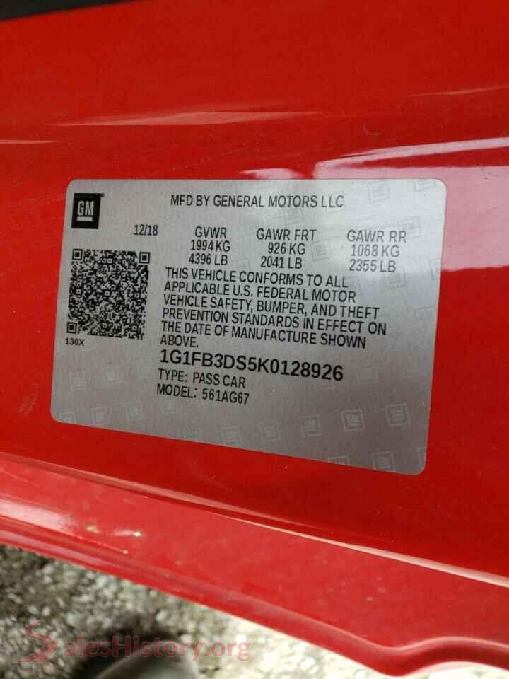 2019 CHEVROLET CAMARO VIN 1G1FB3DS5K0128926, odometer mileage
