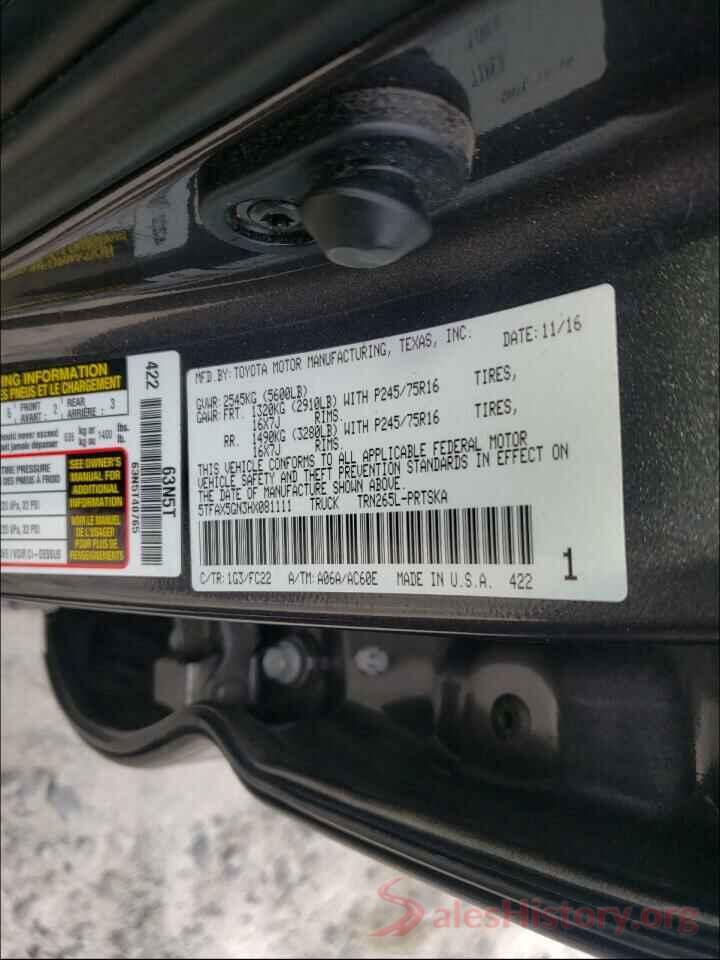 5TFAX5GN3HX081111 2017 TOYOTA TACOMA