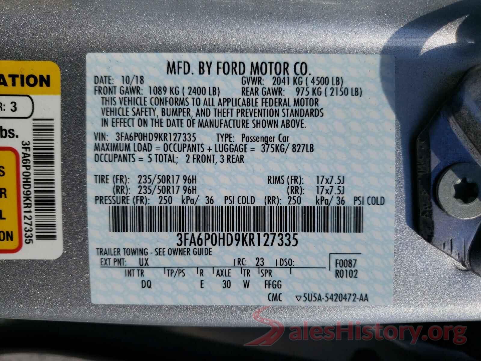 3FA6P0HD9KR127335 2019 FORD FUSION