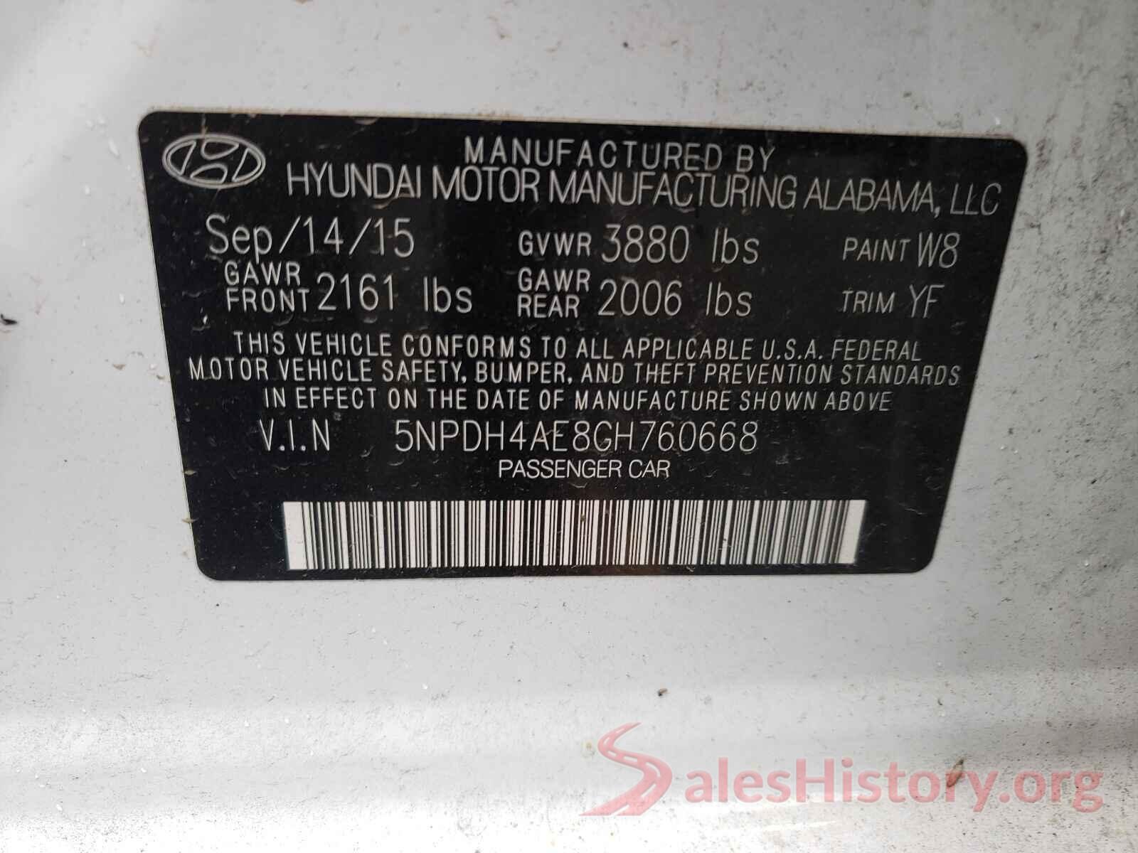 5NPDH4AE8GH760668 2016 HYUNDAI ELANTRA