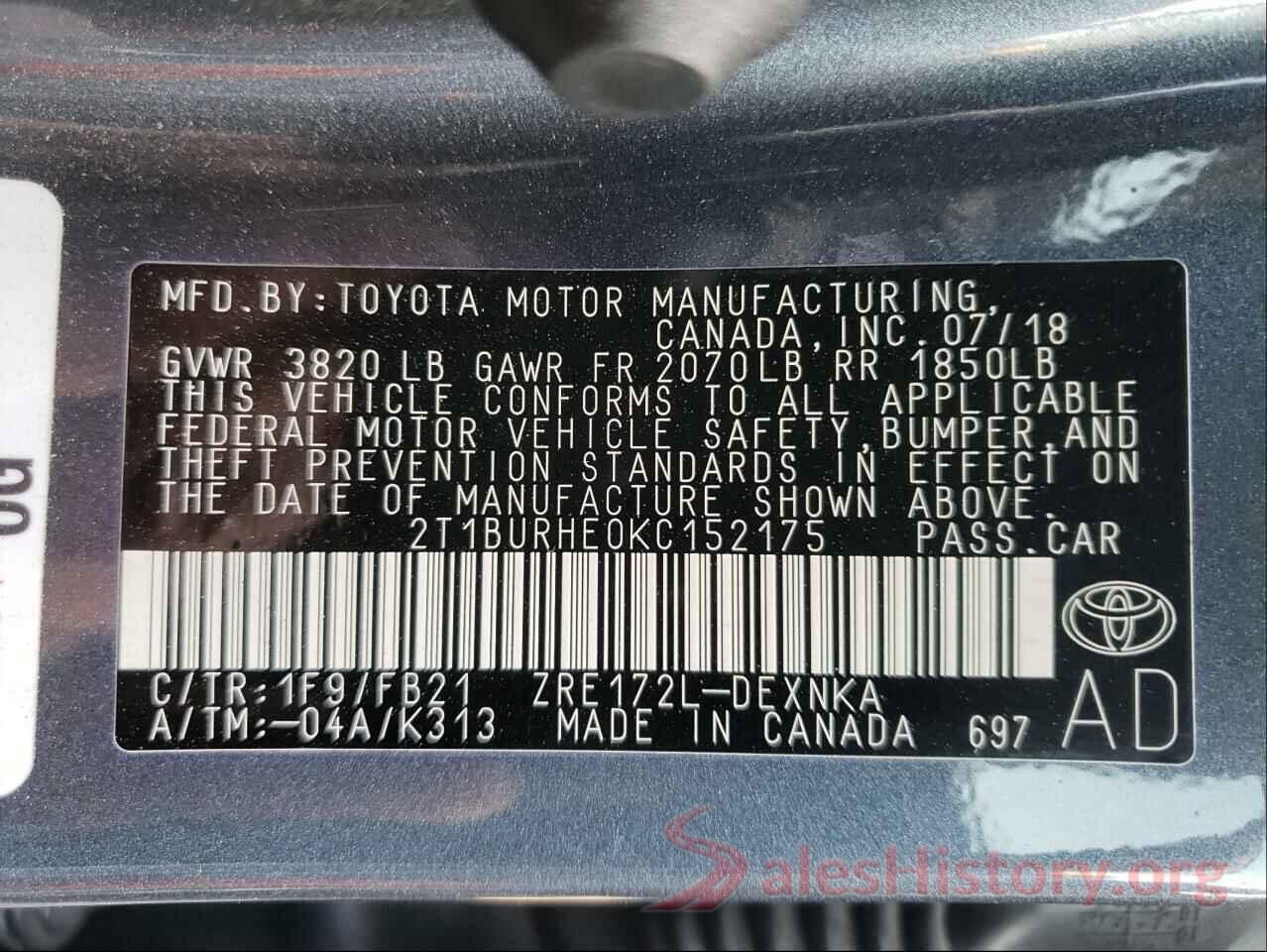 2T1BURHE0KC152175 2019 TOYOTA COROLLA