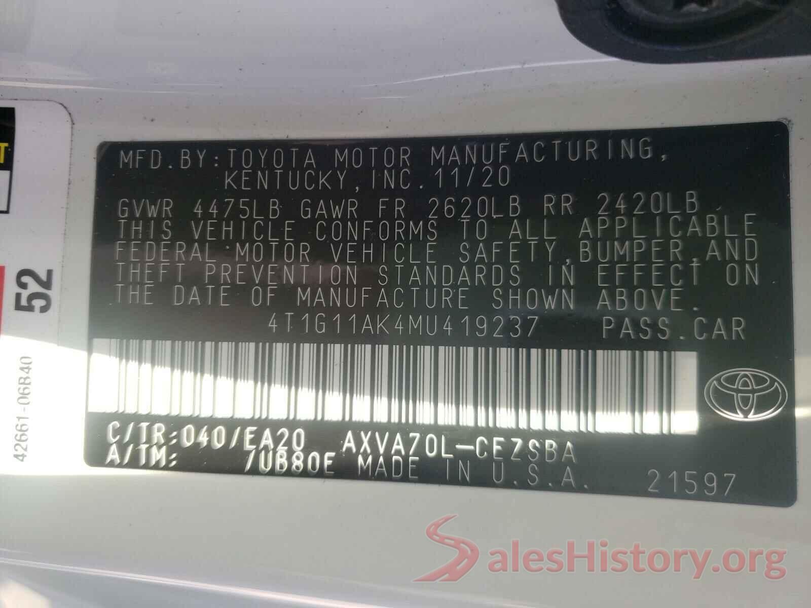 4T1G11AK4MU419237 2021 TOYOTA CAMRY