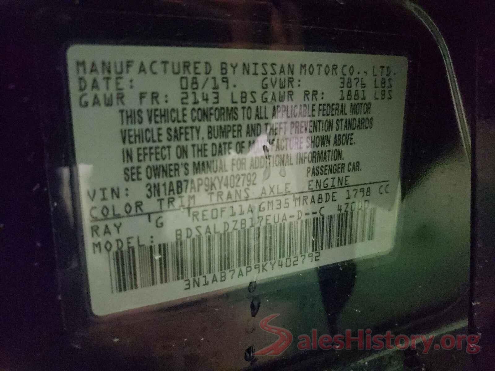 3N1AB7AP9KY402792 2019 NISSAN SENTRA