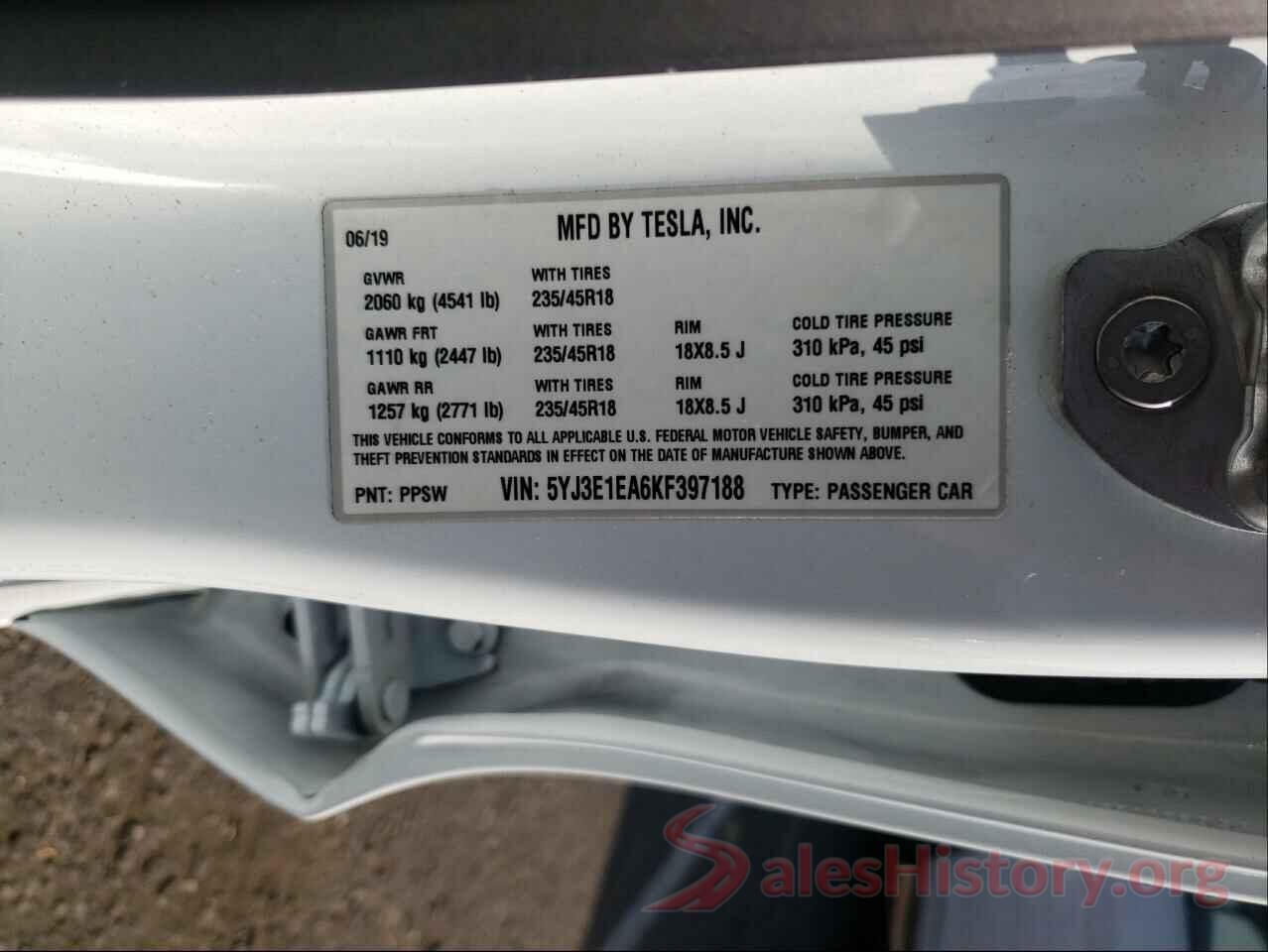 5YJ3E1EA6KF397188 2019 TESLA MODEL 3