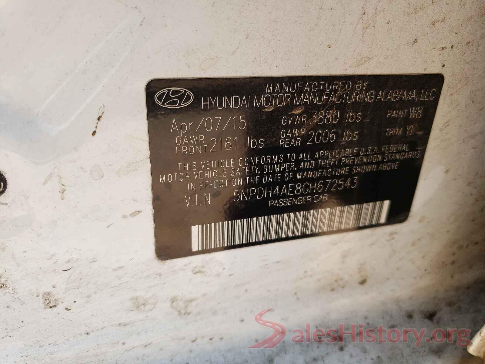 5NPDH4AE8GH672543 2016 HYUNDAI ELANTRA