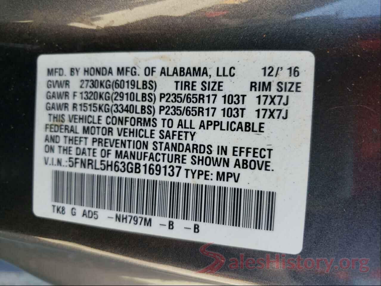 5FNRL5H63GB169137 2016 HONDA ODYSSEY