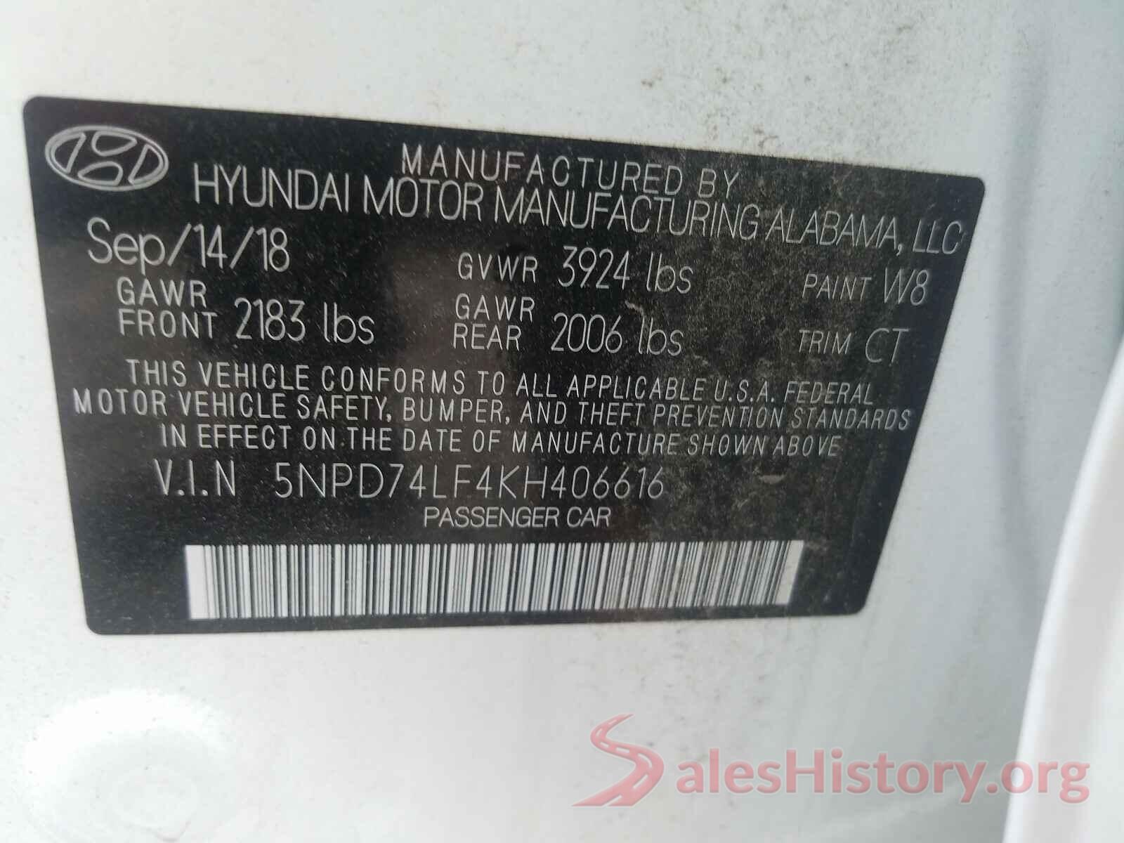 5NPD74LF4KH406616 2019 HYUNDAI ELANTRA