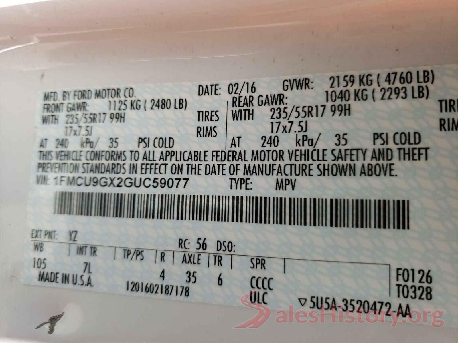 1FMCU9GX2GUC59077 2016 FORD ESCAPE