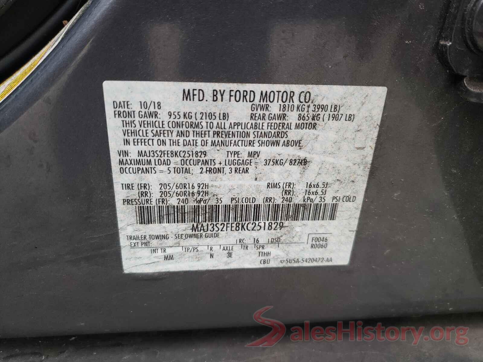 MAJ3S2FE8KC251829 2019 FORD ALL OTHER