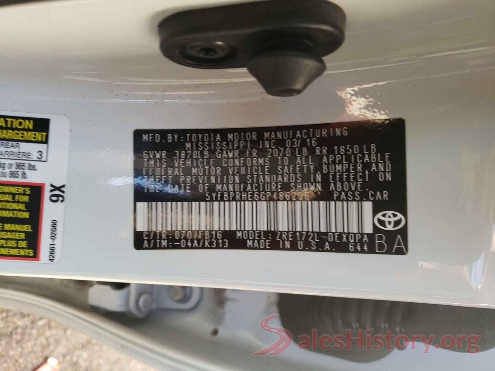 5YFBPRHE6GP486256 2016 TOYOTA COROLLA