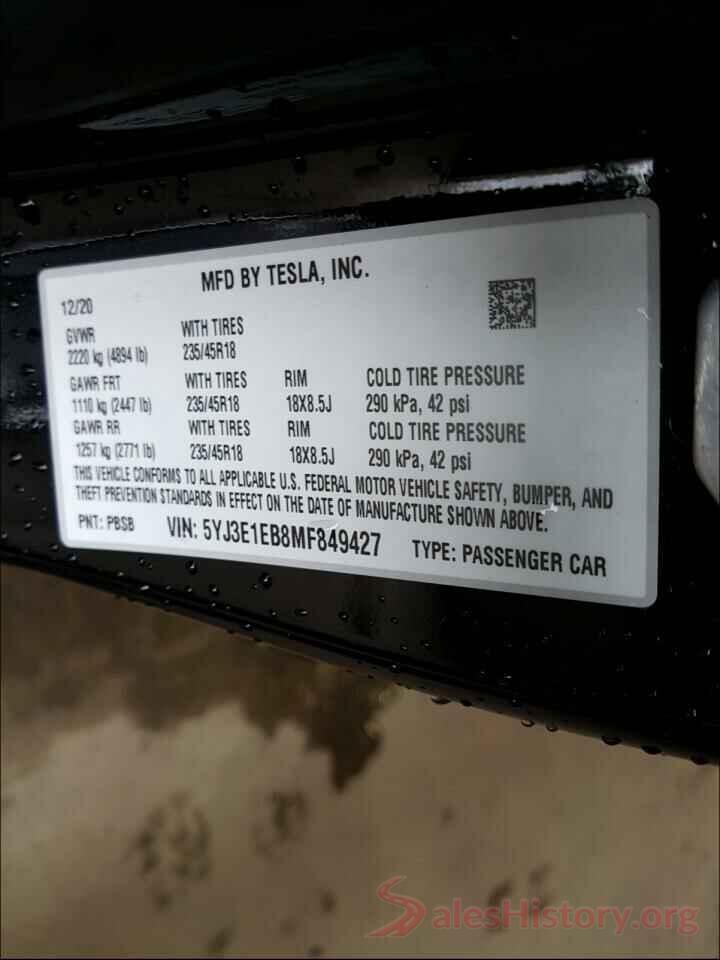 5YJ3E1EB8MF849427 2021 TESLA MODEL 3