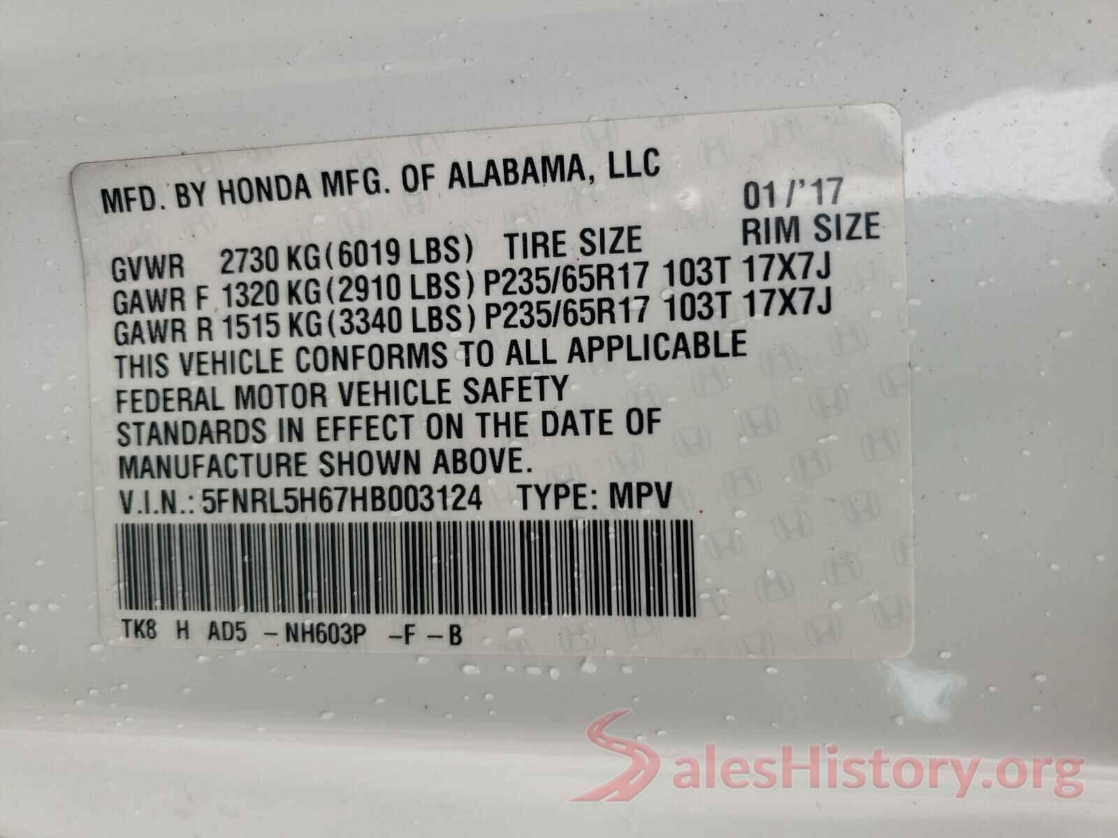 5FNRL5H67HB003124 2017 HONDA ODYSSEY