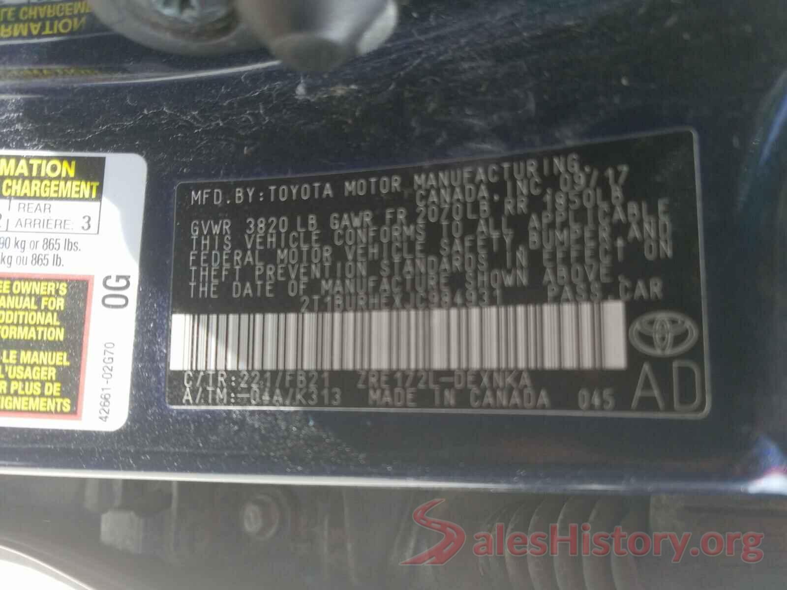 2T1BURHEXJC984931 2018 TOYOTA COROLLA