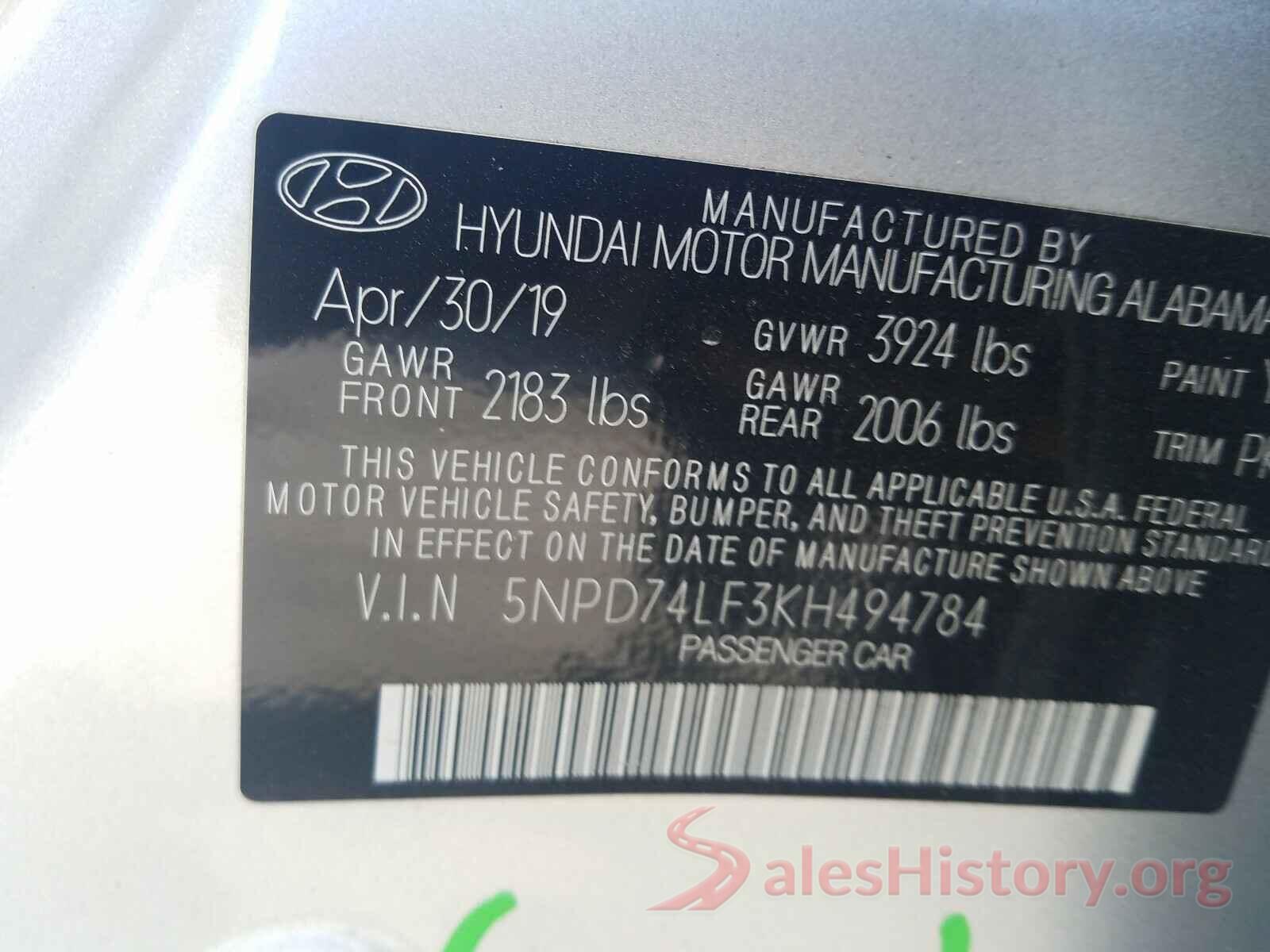 5NPD74LF3KH494784 2019 HYUNDAI ELANTRA