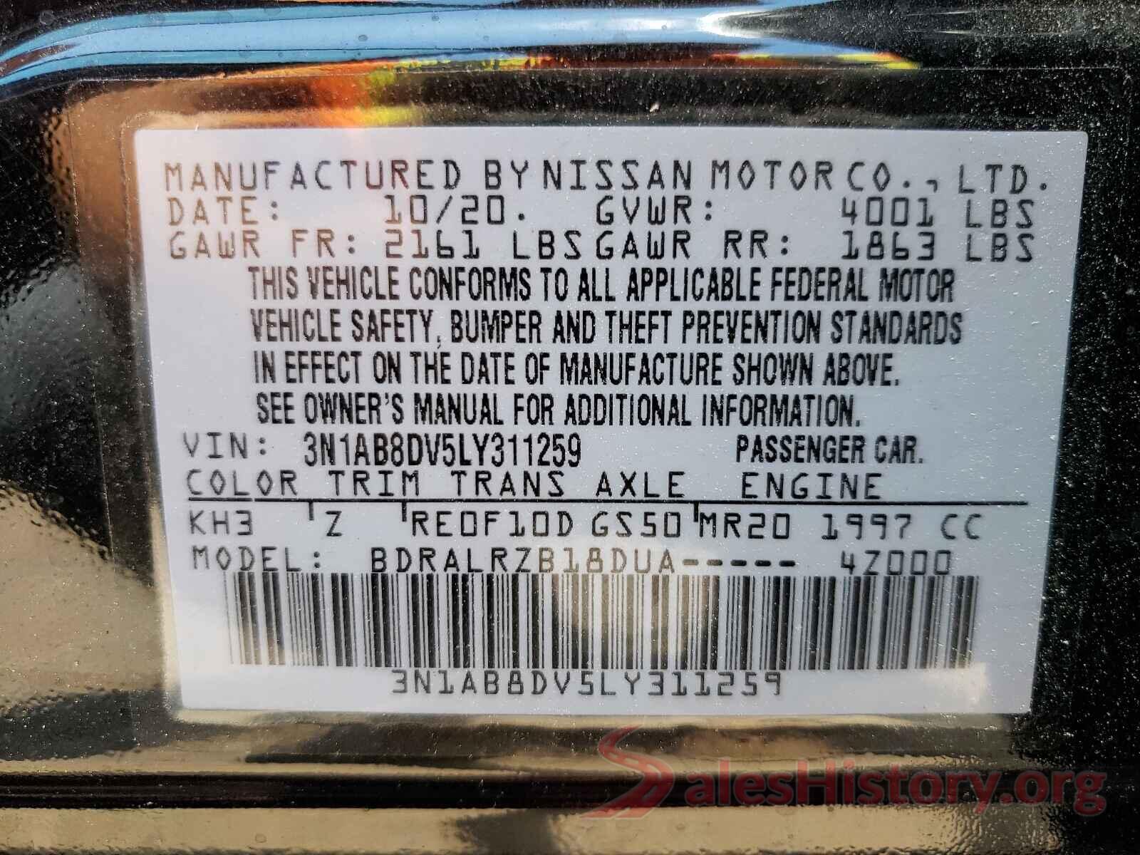 3N1AB8DV5LY311259 2020 NISSAN SENTRA