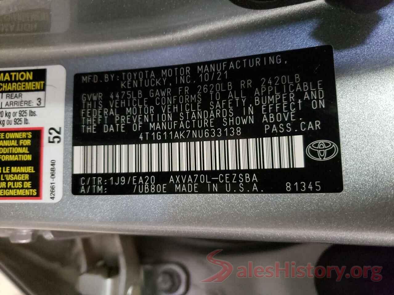 4T1G11AK7NU633138 2022 TOYOTA CAMRY