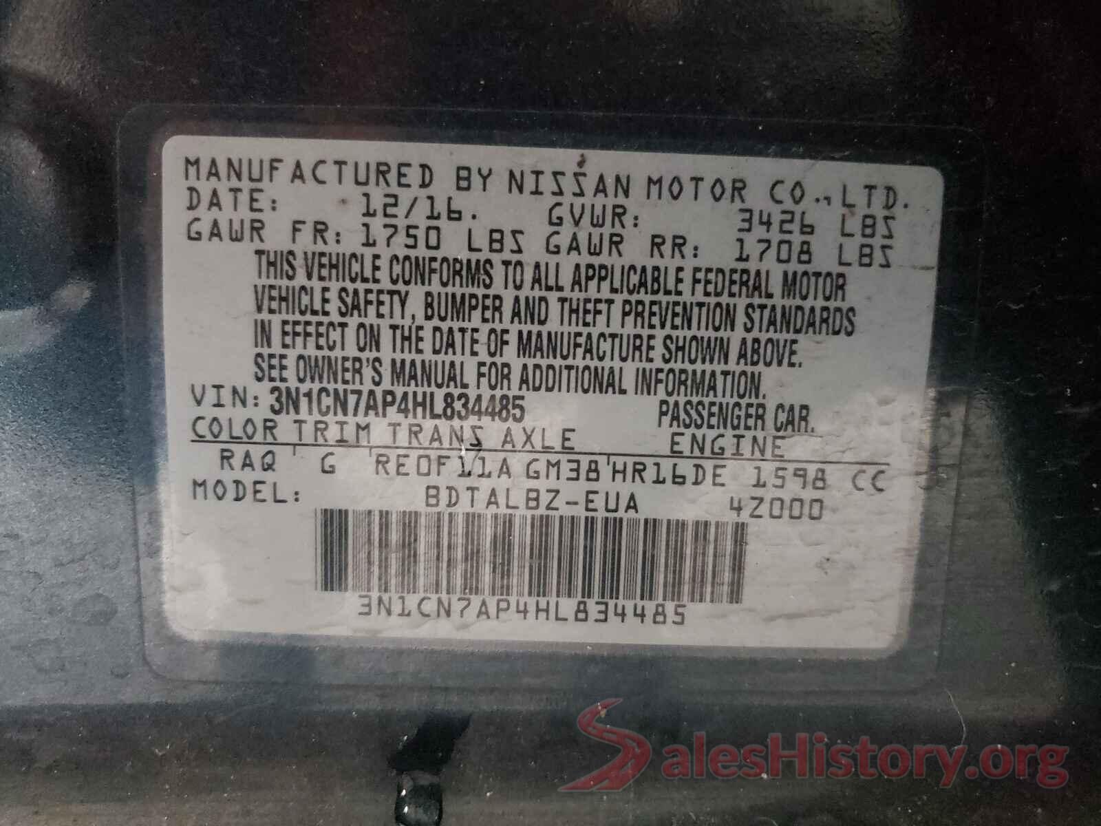 3N1CN7AP4HL834485 2017 NISSAN VERSA