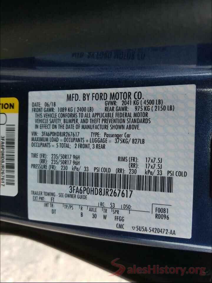 3FA6P0HD8JR267617 2018 FORD FUSION