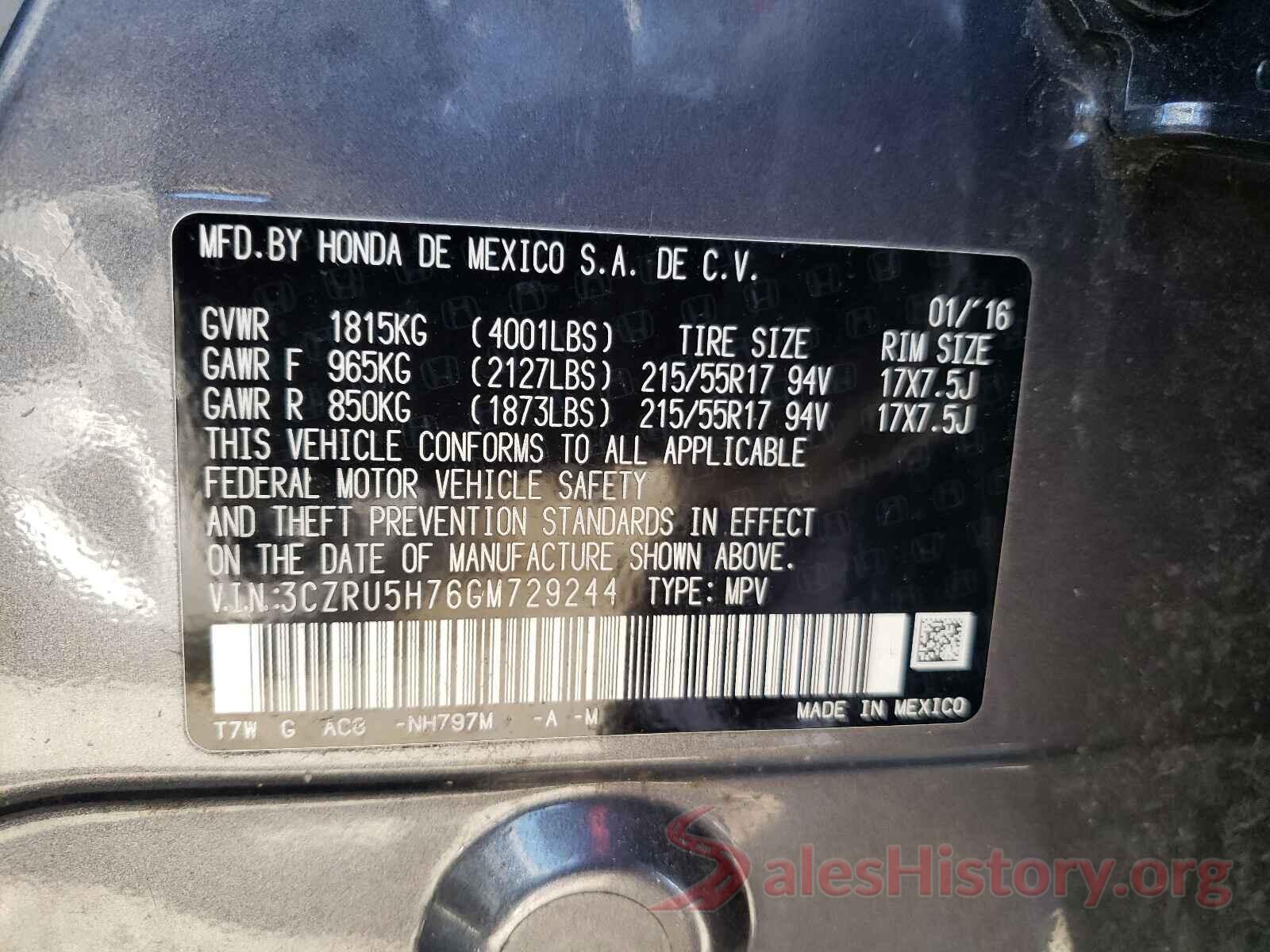 3CZRU5H76GM729244 2016 HONDA HR-V