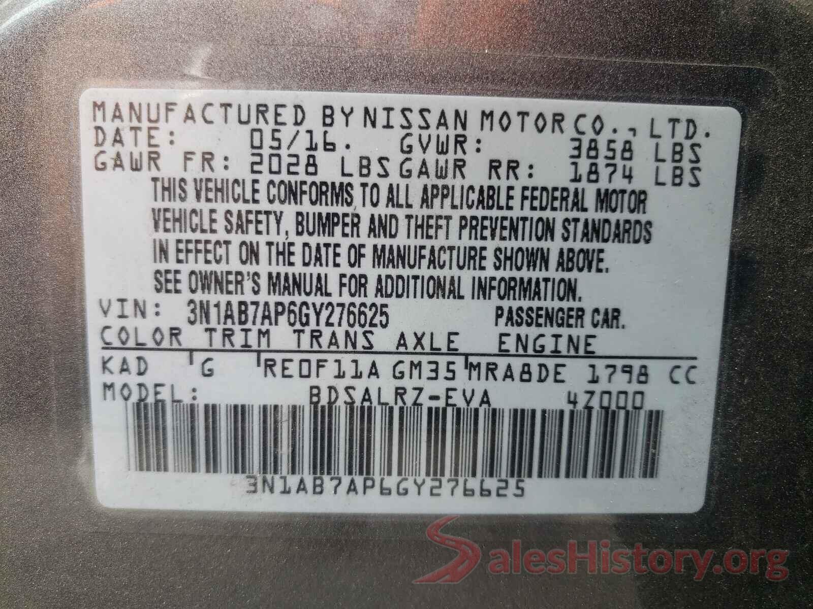 3N1AB7AP6GY276625 2016 NISSAN SENTRA