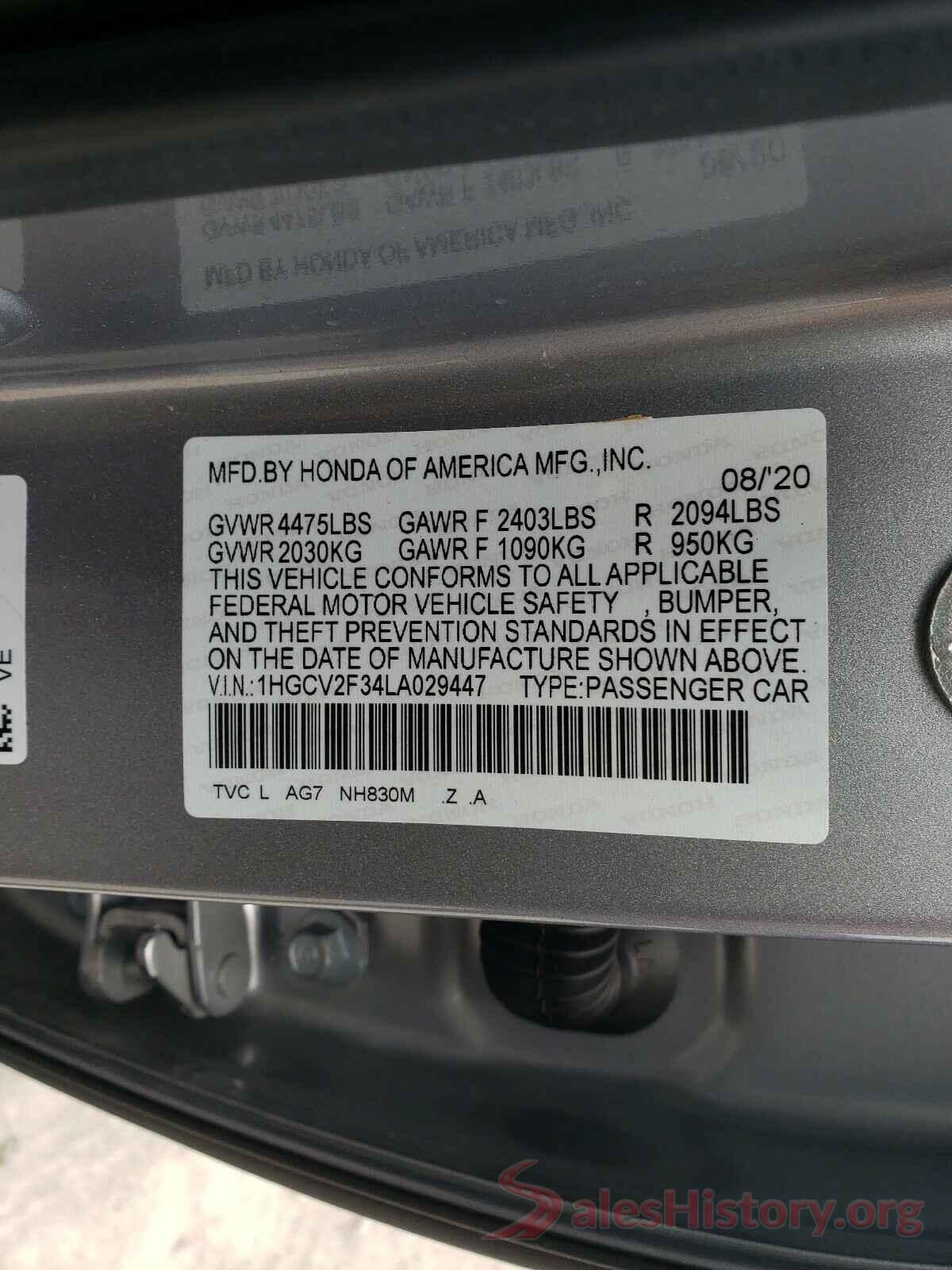 1HGCV2F34LA029447 2020 HONDA ACCORD