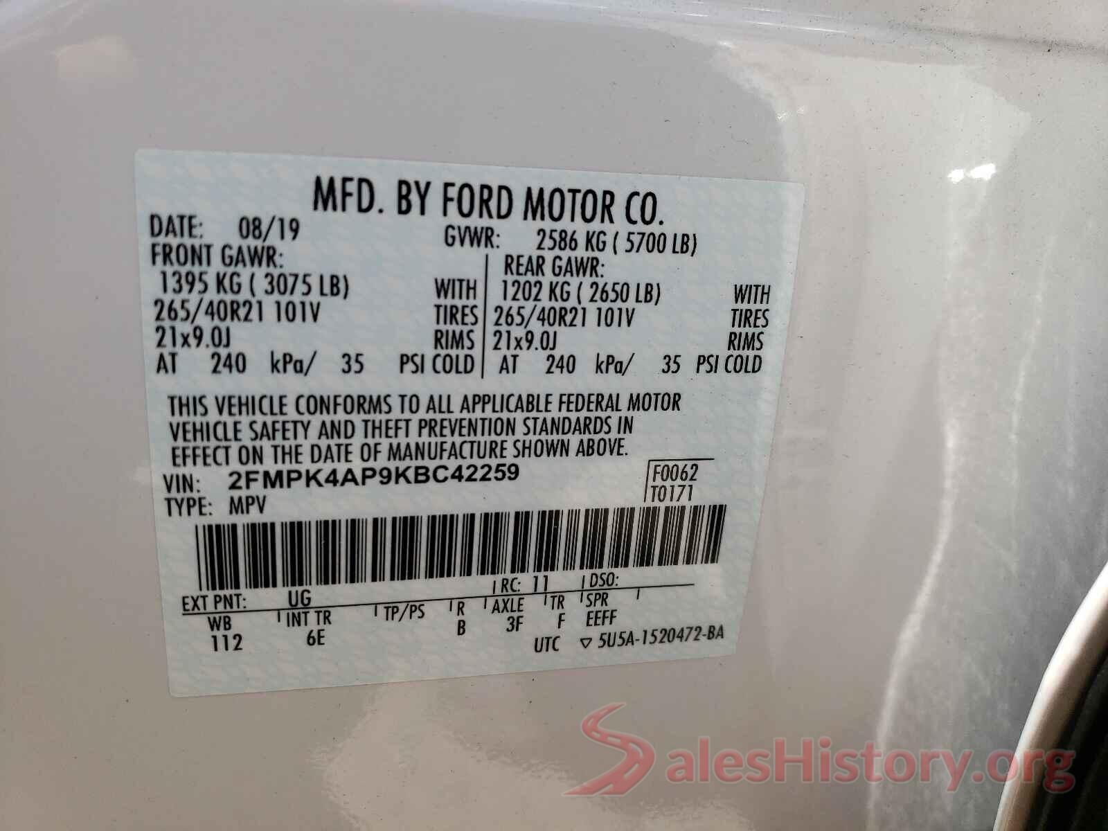 2FMPK4AP9KBC42259 2019 FORD EDGE