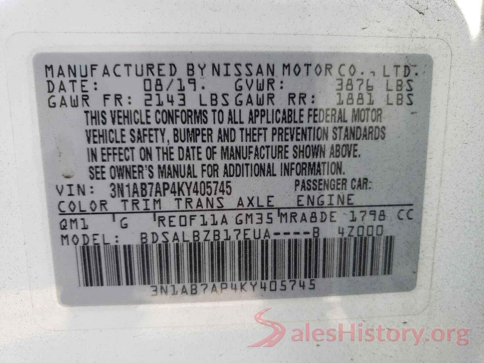 3N1AB7AP4KY405745 2019 NISSAN SENTRA