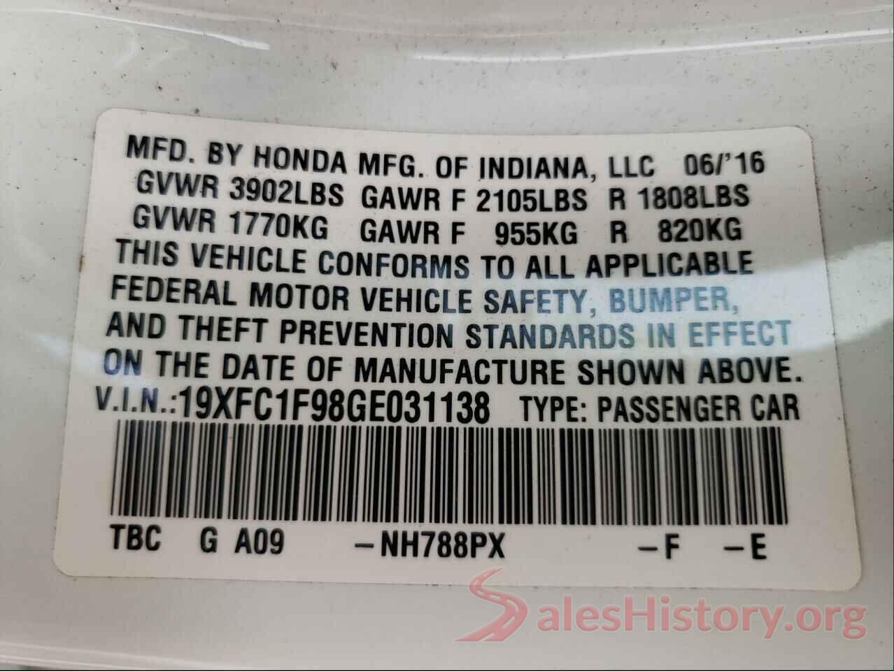 19XFC1F98GE031138 2016 HONDA CIVIC