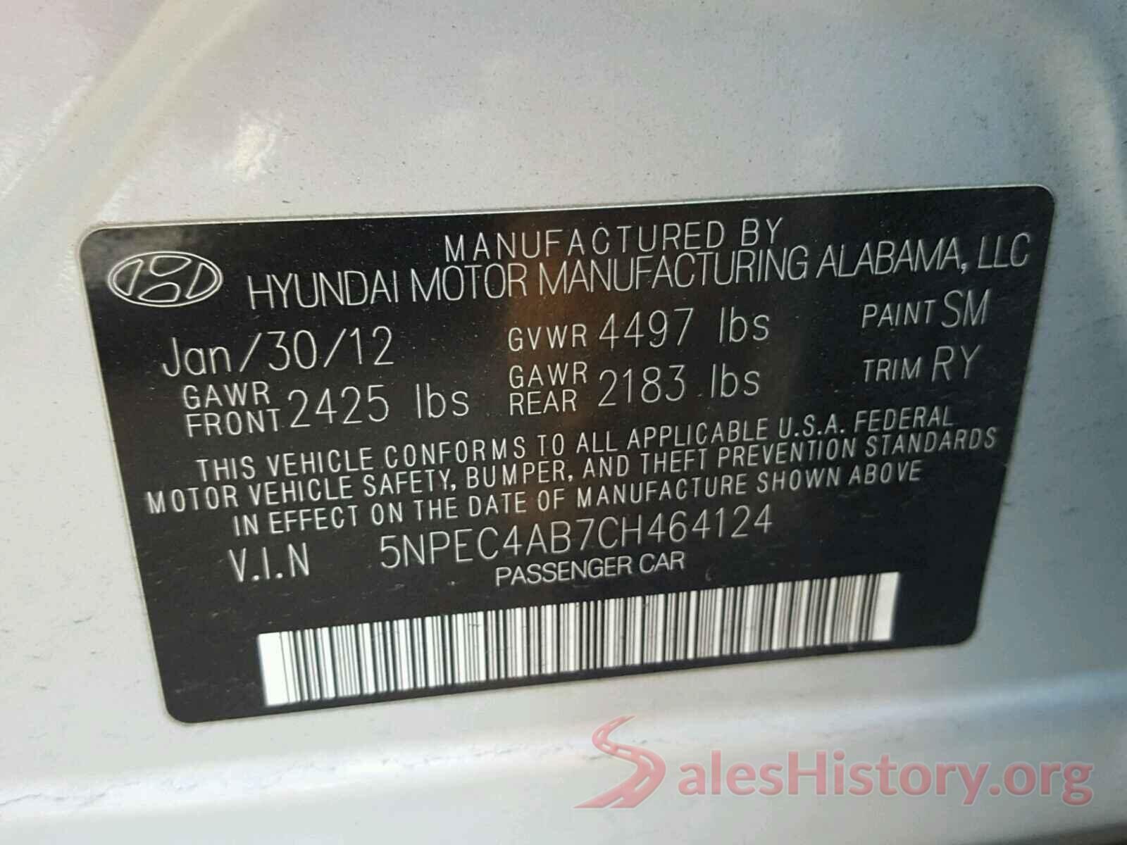 5NPEC4AB7CH464124 2012 HYUNDAI SONATA