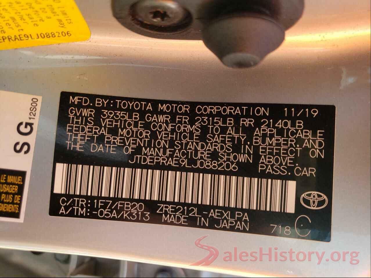 JTDEPRAE9LJ088206 2020 TOYOTA COROLLA