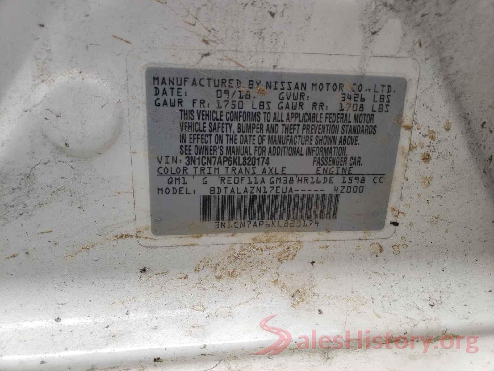 3N1CN7AP6KL820174 2019 NISSAN VERSA