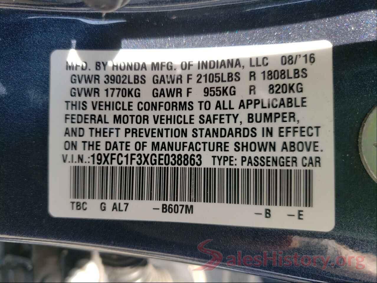 19XFC1F3XGE038863 2016 HONDA CIVIC