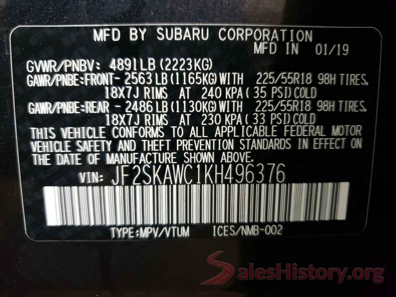 JF2SKAWC1KH496376 2019 SUBARU FORESTER