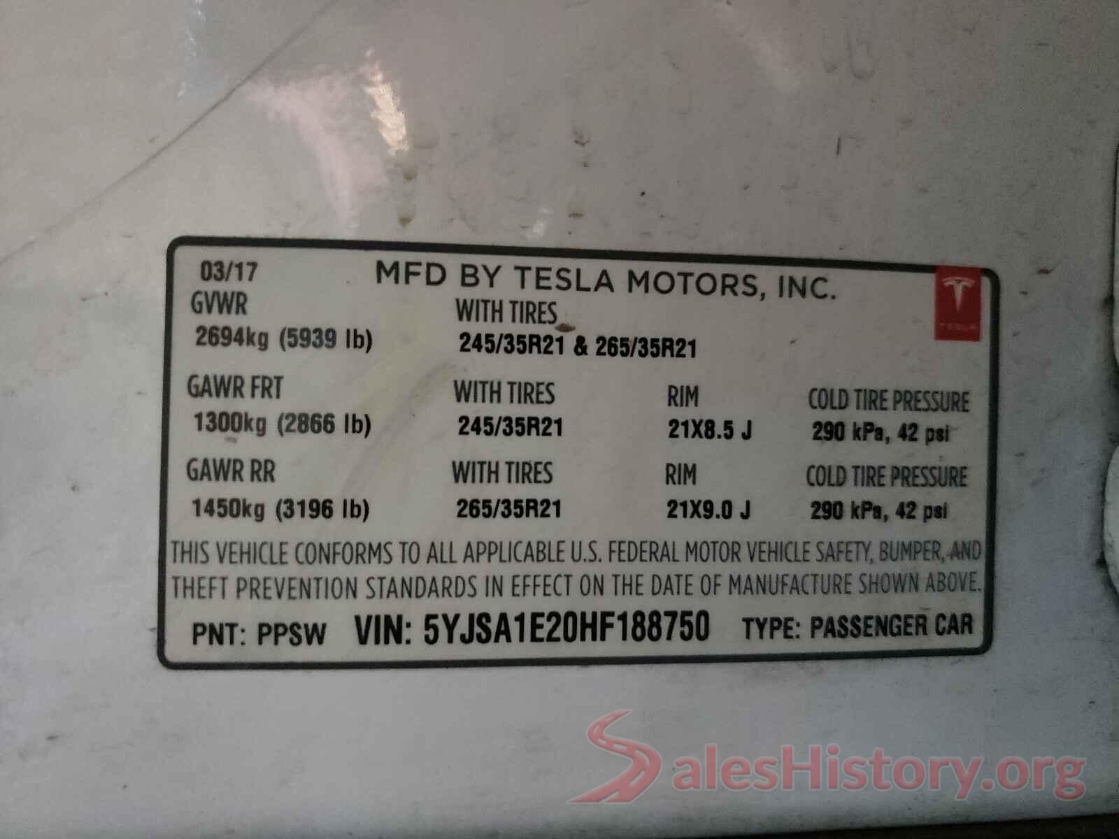 5YJSA1E20HF188750 2017 TESLA MODEL S