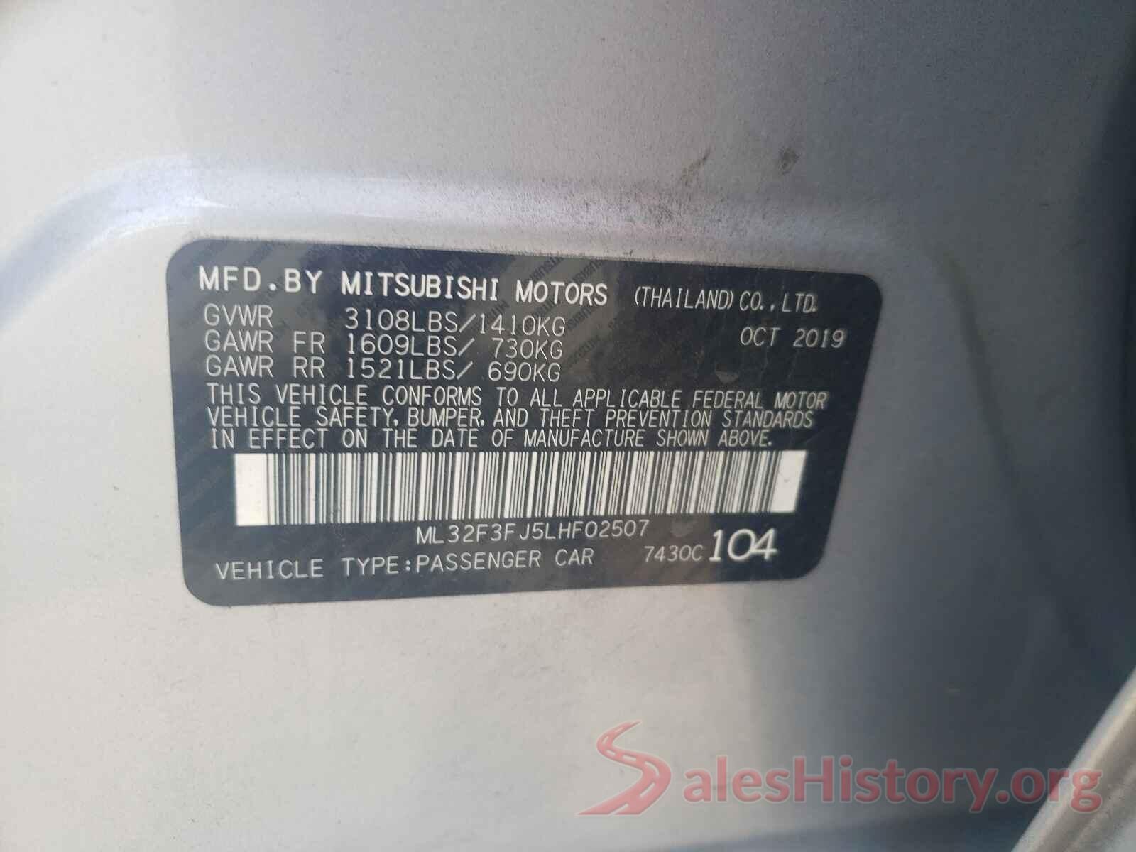 ML32F3FJ5LHF02507 2020 MITSUBISHI MIRAGE