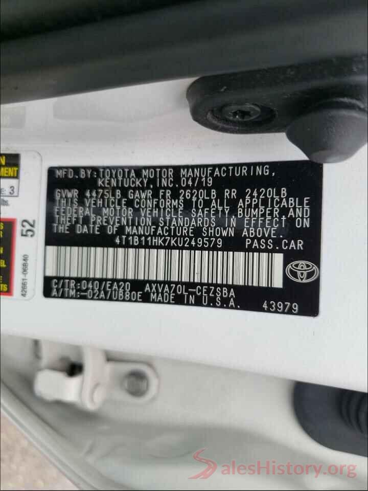 4T1B11HK7KU249579 2019 TOYOTA CAMRY