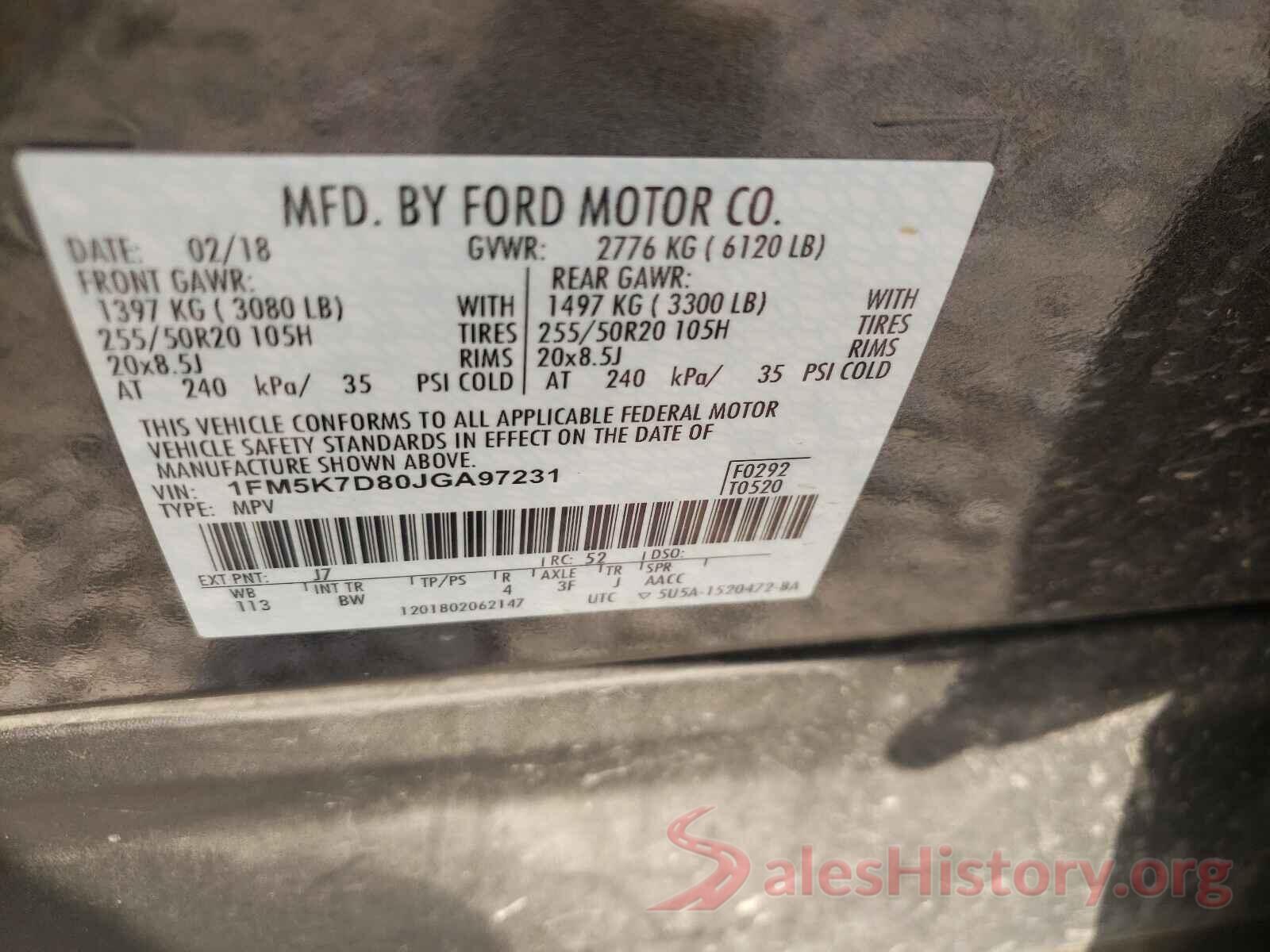 1FM5K7D80JGA97231 2018 FORD EXPLORER