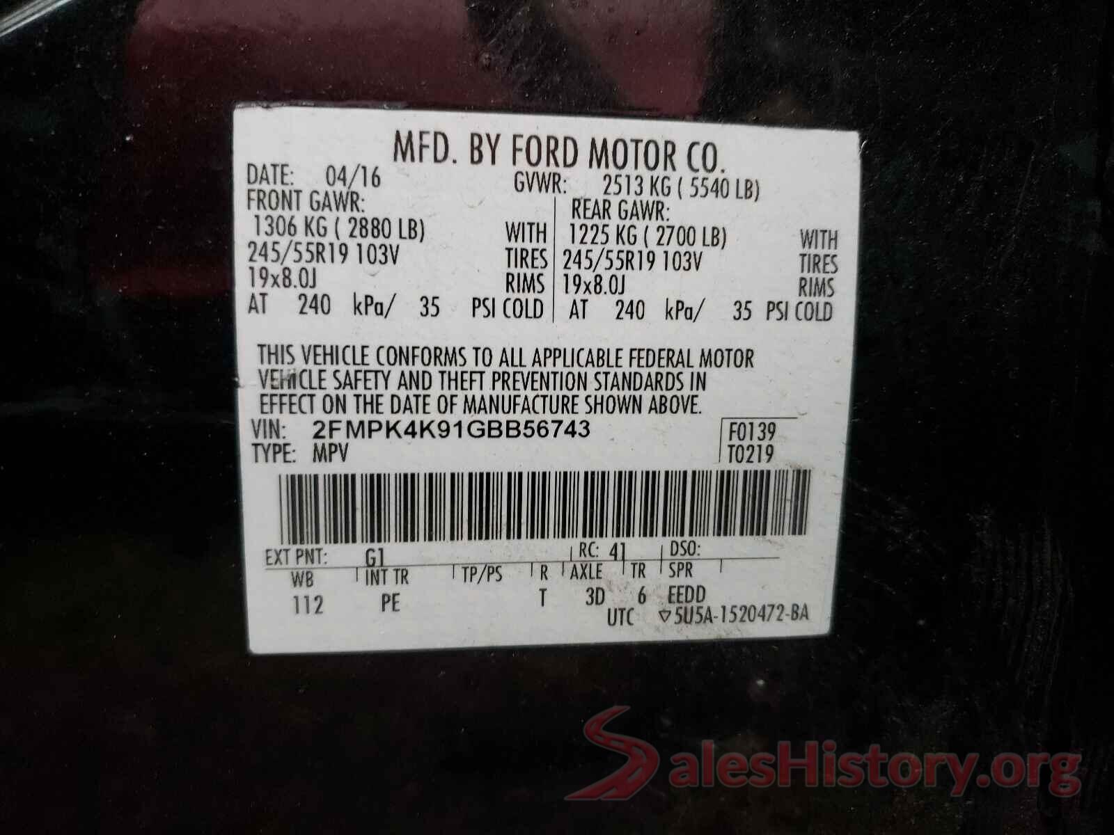 2FMPK4K91GBB56743 2016 FORD EDGE