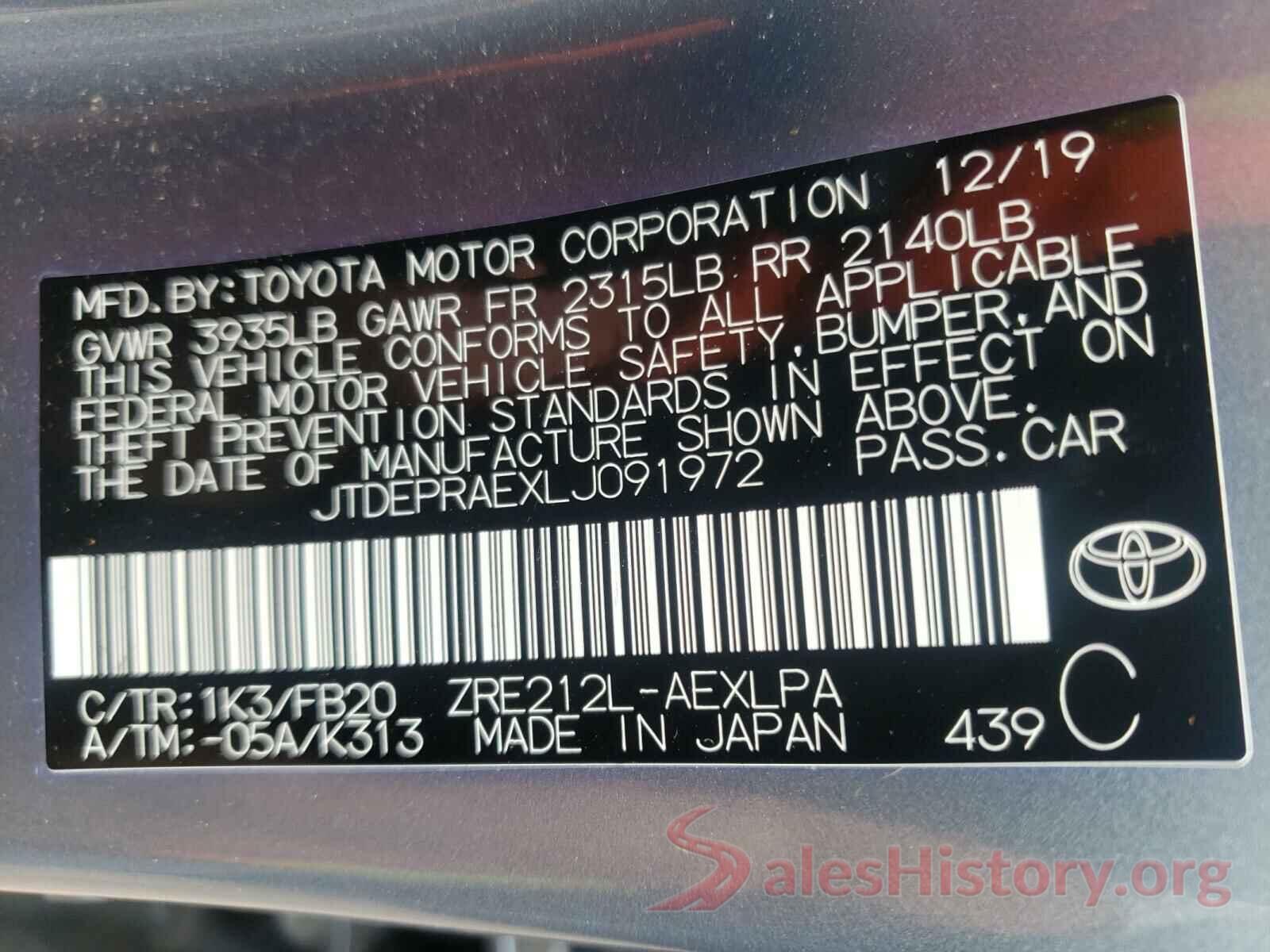 JTDEPRAEXLJ091972 2020 TOYOTA COROLLA