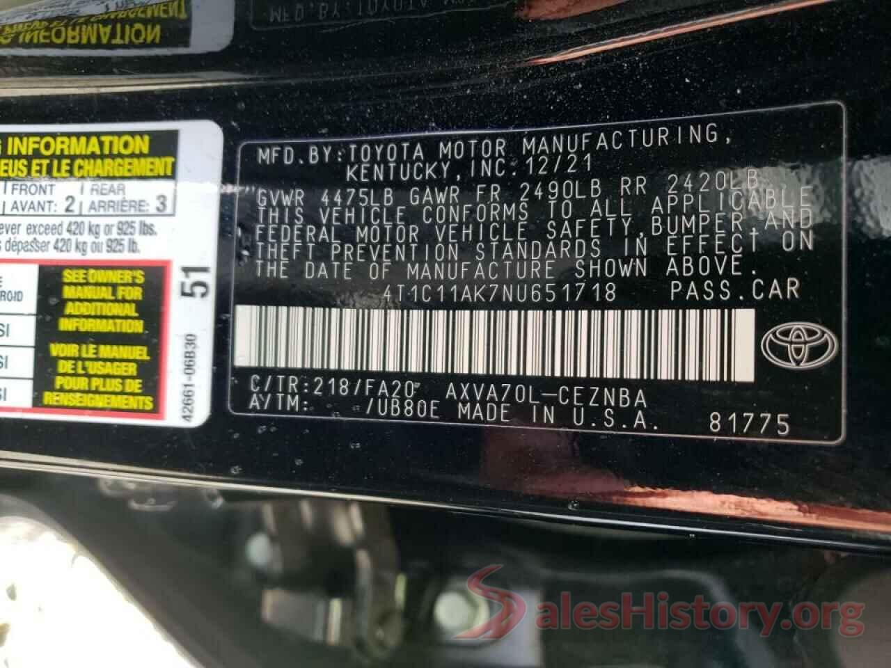 4T1C11AK7NU651718 2022 TOYOTA CAMRY