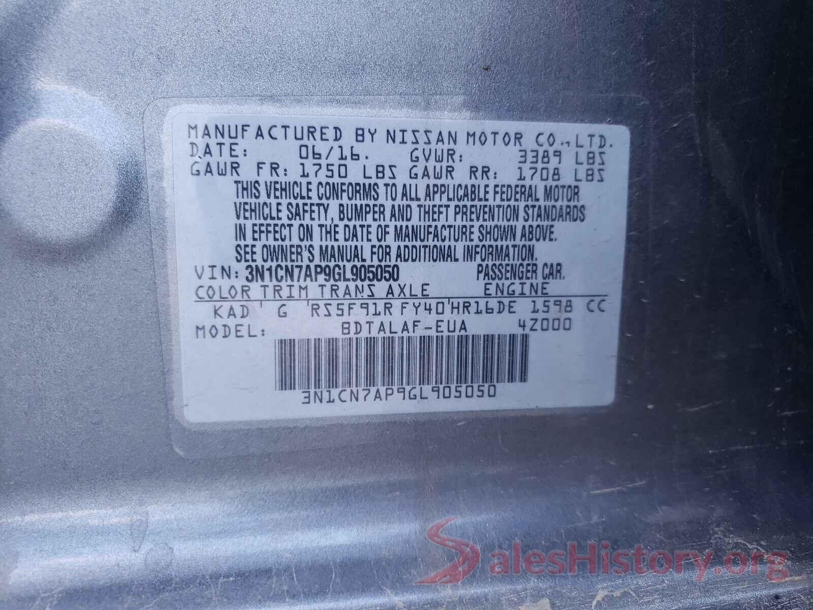 3N1CN7AP9GL905050 2016 NISSAN VERSA