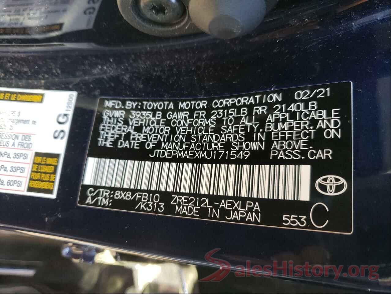 JTDEPMAEXMJ171549 2021 TOYOTA COROLLA