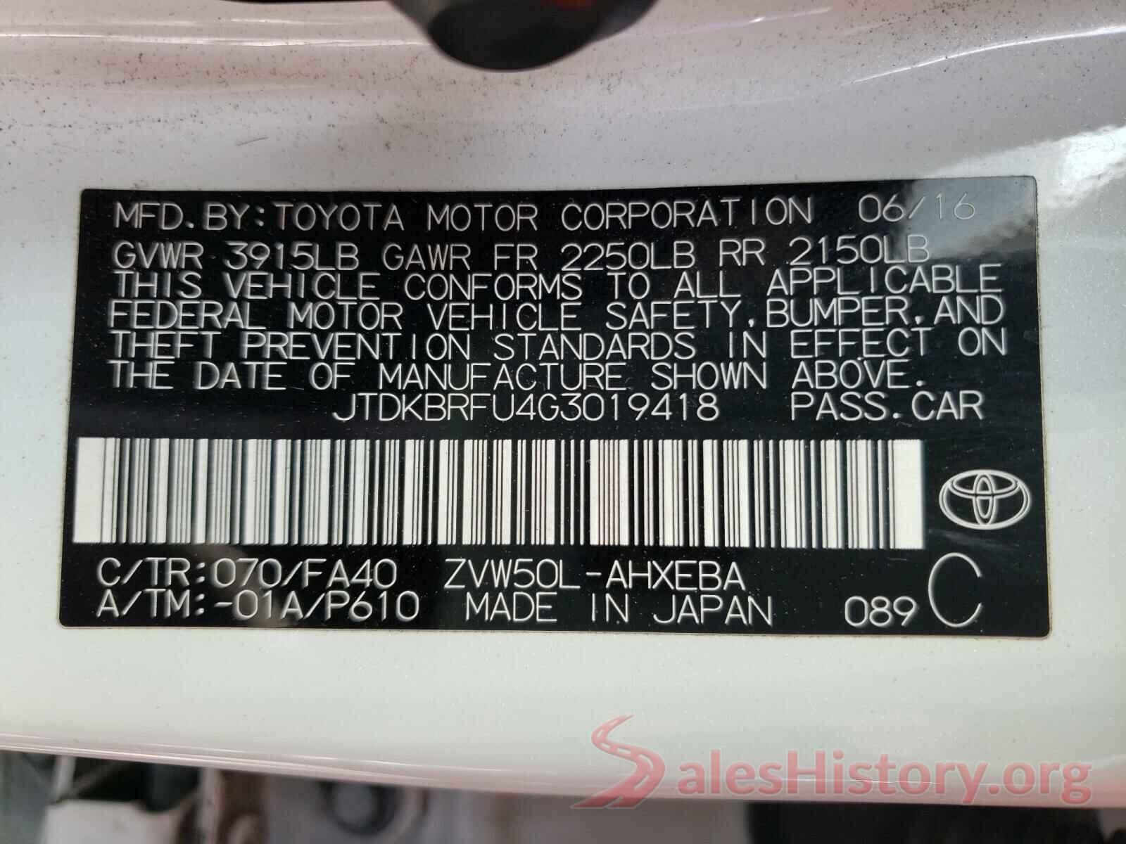 JTDKBRFU4G3019418 2016 TOYOTA PRIUS