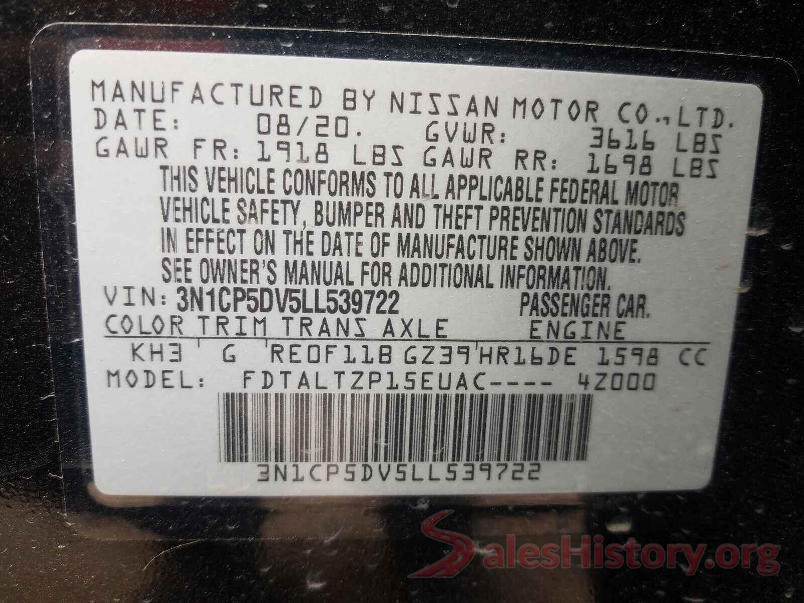 3N1CP5DV5LL539722 2020 NISSAN KICKS