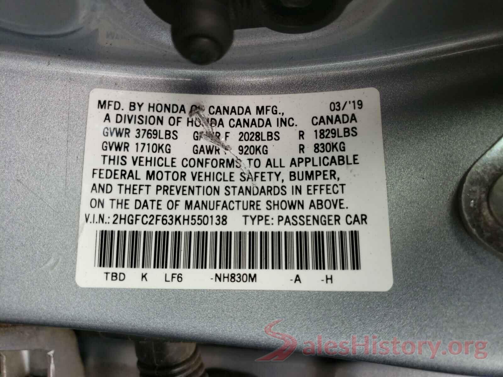 2HGFC2F63KH550138 2019 HONDA CIVIC