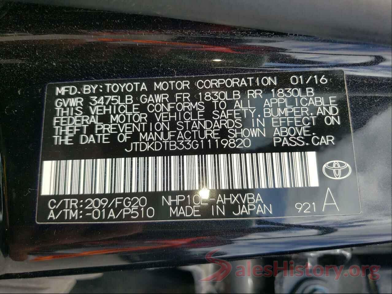 JTDKDTB33G1119820 2016 TOYOTA PRIUS