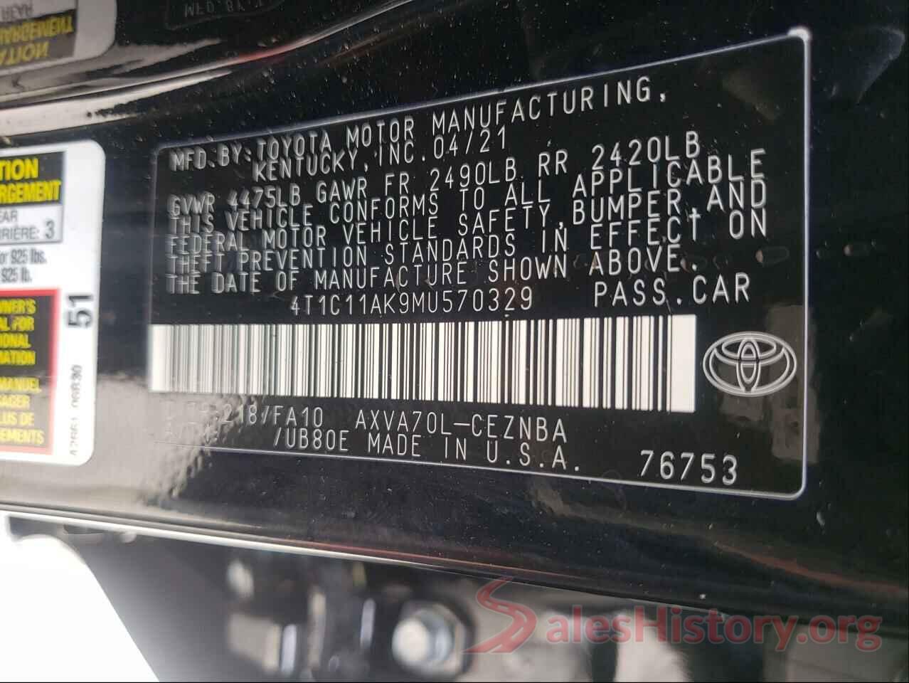 4T1C11AK9MU570329 2021 TOYOTA CAMRY