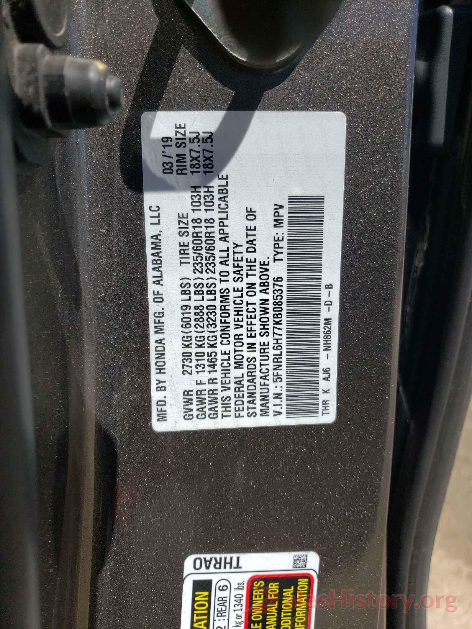 5FNRL6H77KB085376 2019 HONDA ODYSSEY